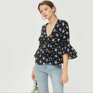 Topshop Felicity Floral Polka Dot Tie Front Blouse